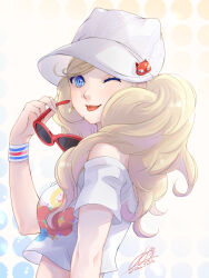 Rule 34 | 1girl, alternate costume, blonde hair, blue eyes, cabbie hat, commentary request, dated, fingernails, hat, highres, holding, holding removed eyewear, lips, long hair, looking at viewer, off shoulder, one eye closed, persona, persona 5, pink lips, qoo1234, shirt, signature, solo, sunglasses, takamaki anne, tongue, tongue out, twintails, unworn eyewear, white hat, white shirt