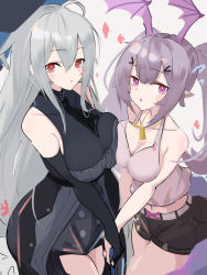 Rule 34 | 2girls, ahoge, arknights, ascot, asususususu, bare shoulders, black ascot, black gloves, black headwear, black pants, black shorts, blush, breast press, breasts, cleavage, closed mouth, clothing cutout, collarbone, commentary request, crop top, detached sleeves, dog tags, flying sweatdrops, gloves, grey shirt, hair between eyes, hair ornament, hairclip, hat, head wings, highres, holding hands, jewelry, large breasts, long hair, long sleeves, looking at viewer, manticore (arknights), midriff, multiple girls, navel, necklace, pants, purple hair, red eyes, shirt, shorts, silver hair, skadi (arknights), sketch, tank top, thigh cutout, triangle mouth, twintails, upper body, very long hair, weapon, white background, white tank top, wings