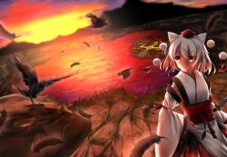 Rule 34 | 1girl, animal ears, aru0607, bird, cowboy shot, crow, detached sleeves, dutch angle, expressionless, falling feathers, feathers, hand on own hip, hat, inubashiri momiji, kourindou tengu costume, lake, looking away, mountain, red eyes, red hat, scarlet devil mansion, scenery, short hair, solo, sunset, sword, tokin hat, touhou, weapon, white hair, wolf ears