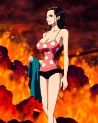 Rule 34 | 1girl, bare arms, big nose, black hair, blue eyes, breasts, fire, floral print, glasses, hot, large breasts, legs, long hair, long legs, nico robin, one piece, punk hazard, screencap, sleeveless, stitched, sunglasses, sweat, tall female, thighs, third-party edit