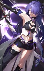 Rule 34 | 1girl, acheron (honkai: star rail), ahoge, arttakasu, asymmetrical legwear, bandaged arm, bandaged leg, bandages, belt, black belt, black choker, black gloves, black hole, black shorts, boots, breasts, broken glass, chain, chain around arm, choker, cleavage, coat, coattails, commentary, criss-cross halter, english commentary, glass, gloves, hair ornament, hair over one eye, halterneck, highres, holding, holding sword, holding weapon, honkai: star rail, honkai (series), knee boots, large breasts, long hair, looking at object, midriff, multicolored hair, navel, purple eyes, purple hair, short shorts, shorts, single knee boot, single thigh boot, solo, streaked hair, sword, thigh boots, thighs, weapon, white coat
