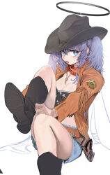 Rule 34 | 1girl, absurdres, blue archive, blue eyes, halo, hat, highres, movik, purple hair, scarf, sitting, unfinished, yuuka (blue archive)