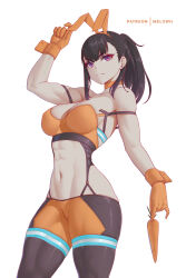 Rule 34 | 1girl, abs, absurdres, animal ears, arm up, black hair, breasts, carrot, closed eyes, en&#039;en no shouboutai, fake animal ears, frown, gloves, highres, holding, holding carrot, large breasts, long hair, looking at viewer, maki oze, melowh, multicolored pantyhose, navel, orange gloves, ponytail, purple eyes, rabbit ears, solo, thighs, toned, white background, wrist cuffs