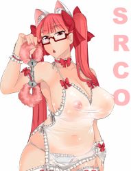 Rule 34 | 1girl, :&lt;, :o, animal ears, arm garter, armpits, bad id, bad pixiv id, borrowed character, bow, breasts, bridal gauntlets, cat ears, choker, cleavage, cuffs, glasses, gunneko, hair bow, handcuffs, highres, huge breasts, long hair, nail polish, navel, nipples, original, panties, red eyes, red hair, see-through, shiny skin, shirt, sideboob, skindentation, solo, srco, taut clothes, taut shirt, thighhighs, twintails, underwear