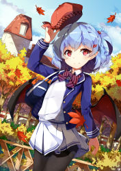 Rule 34 | 1girl, autumn, autumn leaves, bag, bat wings, black pantyhose, blue sky, bow, bowtie, cloud, commentary request, contemporary, dango remi, day, eyebrows, fang, fang out, hat, hat ribbon, hat tip, highres, holding, holding clothes, holding hat, jacket, leaf, light purple hair, long sleeves, looking at viewer, maple leaf, open clothes, open jacket, outdoors, pantyhose, pleated skirt, pointy ears, red eyes, remilia scarlet, ribbon, school uniform, short hair, skirt, sky, solo, standing, thighband pantyhose, touhou, tree, uniform, wings