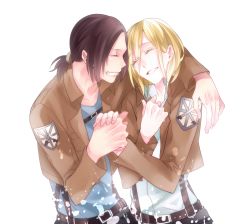 Rule 34 | 2girls, belt, blonde hair, brown hair, krista lenz, freckles, grin, holding hands, jacket, multiple girls, ponytail, shingeki no kyojin, short hair, smile, tears, ymir (shingeki no kyojin), yomimatigai