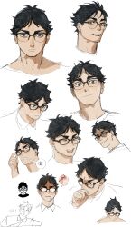 Rule 34 | 1boy, absurdres, adjusting eyewear, akaashi keiji, black eyes, black hair, censored, chengongzi123, closed eyes, closed mouth, commentary request, covering own mouth, glasses, grey eyes, grin, haikyuu!!, hand over own mouth, highres, looking at viewer, male focus, mosaic censoring, multiple views, open mouth, portrait, saliva, shaded face, short hair, simple background, smile, thought bubble, translation request, very short hair, white background