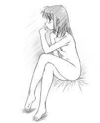 Rule 34 | 1girl, barefoot, blush, breasts, feet, freckles, full body, greyscale, himadarou, crossed legs, monochrome, nipples, nude, sitting, small breasts, solo