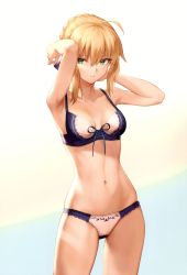 Rule 34 | 1girl, absurdres, ahoge, alternate costume, aqua eyes, armpits, arms behind head, arms up, artoria pendragon (all), artoria pendragon (fate), bare shoulders, blonde hair, blue bra, blue ribbon, bow, bra, braid, breasts, collarbone, cowboy shot, crown braid, fate/stay night, fate (series), gradient background, green eyes, hair between eyes, hair bun, hair ribbon, heterochromia, highres, lace, lace-trimmed bra, lace-trimmed panties, lace trim, lingerie, looking at viewer, mashuu (neko no oyashiro), medium breasts, navel, open mouth, panties, parted lips, ribbon, ribbon-trimmed bra, saber (fate), scan, sidelocks, signature, single hair bun, solo, stomach, thighs, third-party source, twitter username, underwear, underwear only
