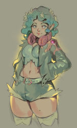 Rule 34 | 1girl, belt, black choker, blue eyes, blue hair, breasts, choker, closed mouth, cowboy shot, cropped legs, flower, gem, grey background, grey jacket, hair flower, hair ornament, hands in pockets, headphones, headphones around neck, highres, jacket, long sleeves, medium breasts, midriff, mole, mole on thigh, navel, norasuko, open clothes, open jacket, original, pointy ears, short hair, short shorts, shorts, simple background, solo, standing, thick thighs, thighhighs, thighs, white flower
