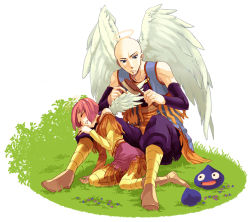 Rule 34 | 1boy, 1girl, angel, angel wings, angry, bald, blue eyes, boots, brush, brushing, closed eyes, closed mouth, detached sleeves, dragon quest, dragon quest ix, full body, grass, halo, haruki (8537561lll), heroine (dq9), holding, holding brush, izayaarl, leaning on person, pants, pantyhose, pink hair, pink skirt, short hair, sitting, skirt, slime (dragon quest), striped clothes, striped pantyhose, vest, wings