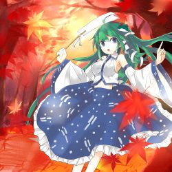 Rule 34 | 1girl, autumn leaves, blue eyes, breasts, detached sleeves, frog, frog hair ornament, green hair, hair ornament, highres, japanese clothes, kochiya sanae, long hair, miko, open mouth, snake, snake hair ornament, solo, touhou