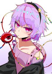 Rule 34 | 1girl, backpack, bag, bare shoulders, black headband, black jacket, blush, candy, casual, choker, commentary, contemporary, ear piercing, food, food in mouth, glitch, headband, heart, highres, ikiri nezumi, jacket, komeiji satori, lollipop, looking at viewer, off-shoulder shirt, off shoulder, open clothes, open jacket, piercing, pink bag, pink choker, pink eyes, pink hair, pink shirt, red eyes, shirt, short hair, solo, third eye, touhou