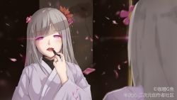 Rule 34 | 1girl, ak-12 (girls&#039; frontline), fish g, floating, floral print, flower, girls&#039; frontline, glowing, glowing eyes, hair flower, hair ornament, hand up, highres, japanese clothes, jewelry, kimono, lips, lipstick, long hair, long sleeves, looking at mirror, makeup, mirror, parted lips, petals, purple eyes, reflection, ring, silver hair, smile, solo, very long hair