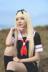 Rule 34 | 1girl, ascot, black ribbon, black serafuku, black shirt, black skirt, black socks, blonde hair, blouse, blue sky, blurry, blurry background, clenched hand, colored contact lenses, cosplay, cosplay photo, day, fingernails, green eyes, hair ribbon, hand in lap, hand on own chin, hand on own thigh, kantai collection, knee up, kneehighs, lips, long hair, looking to the side, may sakaali, neckerchief, nose, open hand, outdoors, photo (medium), pleated skirt, red neckerchief, ribbon, rock, sailor collar, school uniform, serafuku, shirt, short sleeves, sitting, skirt, sky, smile, socks, solo, straight hair, sunlight, very long hair, white ascot, white sailor collar, white sleeve ends, wig, yuudachi (kancolle), yuudachi (kancolle) (cosplay)