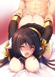 Rule 34 | 1boy, 1girl, abs, all fours, arm grab, arm held back, ass, azur lane, bed sheet, black hair, blush, bottomless, breasts, breasts out, clothed sex, coat, cum, doggystyle, ejaculation, eyes visible through hair, female ejaculation, half-closed eyes, hetero, highres, horn ornament, horns, long sleeves, medium breasts, mikasa (azur lane), military, military uniform, motion lines, nipples, noukatu, cum overflow, ponytail, pussy juice, sex, sex from behind, short hair, short sidetail, socks, speech bubble, sweat, textless version, uniform, white footwear, yellow eyes