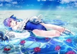 Rule 34 | 1girl, :q, armor, bare shoulders, blue choker, blue eyes, blue one-piece swimsuit, character name, choker, eyelashes, fate/grand order, fate (series), feet out of frame, flower, frilled one-piece swimsuit, frilled swimsuit, frills, greaves, hair ribbon, highleg, highleg swimsuit, kachin, licking lips, light blush, long hair, looking at viewer, lying, meltryllis, meltryllis (fate), meltryllis (swimsuit lancer) (fate), meltryllis (swimsuit lancer) (second ascension) (fate), one-piece swimsuit, purple hair, ribbon, simple background, skin tight, solo, swimsuit, tied sleeves, tongue, tongue out, very long hair, water