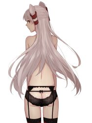 Rule 34 | 10s, 1girl, amatsukaze (kancolle), ass, ass cutout, backless panties, bad id, bad pixiv id, black hair, black panties, black thighhighs, brown eyes, butt crack, clothing cutout, from behind, garter belt, garter straps, kantai collection, lace, lace-trimmed panties, lace trim, long hair, looking back, meron, panties, silver hair, simple background, solo, thighhighs, topless, two side up, underwear, very long hair, white background