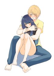 Rule 34 | 1boy, 1girl, absurdres, artist name, ass, barefoot, black shirt, blonde hair, blue eyes, blue hair, blue pants, blush, closed mouth, clothes writing, commentary, dated, hand on another&#039;s arm, hand on another&#039;s shoulder, head down, heart, hetero, highres, hoshino aquamarine, hug, hug from behind, knee up, knees together feet apart, knees up, kurokawa akane, long hair, looking at another, looking back, looking down, machina4433, one eye closed, open mouth, oshi no ko, pants, pigeon-toed, shadow, shirt, short hair, sideways glance, signature, simple background, sitting, star-shaped pupils, star (symbol), straight hair, swept bangs, symbol-shaped pupils, thighs, toenails, white background, yellow shirt