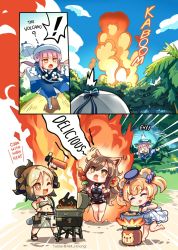 Rule 34 | 4girls, alternate costume, animal ears, arknights, bear ears, blonde hair, blue feathers, brown hair, cat ears, ceylon (arknights), commentary, cooking, corn dog, demon horns, english text, feather hair, feathers, fire, food, grill, grilling, gummy (arknights), gummy (summer flowers) (arknights), hm (hmongt), horns, ifrit (arknights), ifrit (sunburn) (arknights), kebab, multiple girls, official alternate costume, one eye closed, originium slug (arknights), pink hair, pot, propane tank, skyfire (arknights), skyfire (temperature difference) (arknights), speech bubble