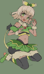 Rule 34 | :3, bare shoulders, black thighhighs, blonde hair, bow, clothing cutout, crop top, fang, frilled bow, frills, full body, green background, green eyes, green footwear, green theme, hair bow, hand up, high heels, highres, jumping, looking at viewer, midriff, navel, nijitama shiyushiyu, pretty series, pripara, puffy short sleeves, puffy sleeves, shoes, short hair, short sleeves, shoulder cutout, simple background, smile, solo, stomach, tail, taiyo pepper, thighhighs, wristband