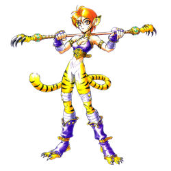Rule 34 | 1990s (style), 1girl, animal ears, animal print, armlet, bandages, breath of fire, breath of fire ii, bustier, capcom, claws, facial mark, fingerless gloves, gloves, green eyes, leather, lingerie, matching hair/eyes, no panties, official art, orange eyes, orange hair, polearm, retro artstyle, rinpoo chuan, short hair, simple background, solo, staff, standing, tail, tiger print, underwear, waist cincher, weapon, white background, yoshikawa tatsuya