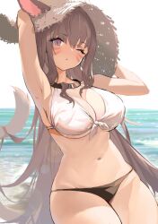 Rule 34 | 1girl, animal ears, armpits, arms behind head, arms up, beach, bikini, breasts, brown hair, cat ears, cat girl, cat tail, cleavage, collar, cowboy shot, cyobiro, facial mark, final fantasy, final fantasy xiv, front-tie bikini top, front-tie top, hair between eyes, hands on headwear, hat, large breasts, long hair, looking at viewer, miqo&#039;te, multicolored eyes, one eye closed, outdoors, parted lips, slit pupils, solo, straw hat, sun hat, swimsuit, tail, very long hair, warrior of light (ff14), whisker markings, white bikini
