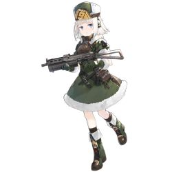 Rule 34 | 1girl, belt, blue eyes, boots, dress, full body, fur hat, fur trim, girls&#039; frontline, gloves, gun, hao (patinnko), hat, headphones, helical magazine, high-capacity magazine, looking at viewer, official alternate costume, official art, pouch, pp-19 (frog princess) (girls&#039; frontline), pp-19 (girls&#039; frontline), pp-19 bizon, short hair, silver hair, solo, submachine gun, transparent background, trigger discipline, ushanka, weapon