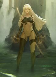 Rule 34 | 1girl, android, bird, black gloves, breasts, elbow gloves, gloves, instant ip, long hair, looking at viewer, navel, nier (series), nier:automata, silver hair, solo, stomach, water, waterfall, a2 (nier:automata)