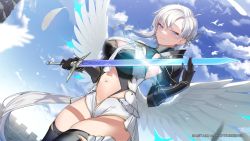 Rule 34 | 1girl, armor, blue eyes, blue sky, breasts, clothing cutout, cloud, cloudy sky, commentary request, day, feathers, gauntlets, gold trim, hair ornament, highres, holding, holding weapon, indie virtual youtuber, large breasts, leotard, liora walkyria, long hair, looking at viewer, low ponytail, mendou kusai, navel, navel cutout, original, outdoors, shoulder armor, simple background, sky, smile, solo, sword, thighhighs, thighs, v&amp;u entertainment, very long hair, virtual youtuber, weapon, white hair, wings