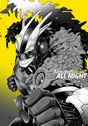 Rule 34 | 1boy, all might, armor, black sclera, boku no hero academia, character name, clenched hand, colored sclera, fighting stance, grin, helmet, male focus, mixed-language commentary, monochrome, smile, solo, spoilers, tsukuyomi kou, twitter username, yellow background