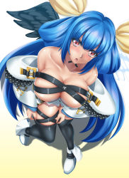 Rule 34 | 1girl, :o, bare shoulders, black thighhighs, blue hair, breasts, cleavage, dizzy (guilty gear), from above, guilty gear, highres, large breasts, long hair, parted lips, red eyes, revision, simple background, solo, tama (tamakaka1031), thighhighs, very long hair, white background