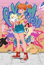 Rule 34 | 1girl, asymmetrical hair, blue shorts, blush, breasts, creatures (company), crop top, denim, denim shorts, game freak, gen 1 pokemon, gen 2 pokemon, gen 4 pokemon, graffiti, green eyes, hair tie, highres, holding, holding pokemon, james (pokemon), jessie (pokemon), legendary pokemon, lugia, meowth, mew (pokemon), misty (pokemon), mythical pokemon, nintendo, orange hair, piplup, pokemon, pokemon (anime), pokemon (classic anime), pokemon (creature), ponytail, psyduck, shoes, shorts, side ponytail, sleeveless, small breasts, smile, sneakers, suspender shorts, suspenders, togepi