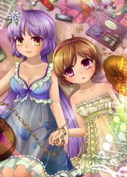 Rule 34 | 2girls, :3, ahoge, babydoll, bare shoulders, beamed quavers, biwa lute, bow, breasts, chain, chemise, cleavage, collarbone, covered navel, crotchet rest, dress, flower, frilled dress, frills, hair flower, hair ornament, hairband, harmonica, highres, holding hands, instrument, kakiikada, large breasts, lingerie, long hair, lute (instrument), lying, mallet, multiple girls, music box, musical note, on floor, panties, pillow, purple eyes, quaver, quaver rest, see-through, see-through silhouette, sheet music, short hair, side-tie panties, sleeveless, sleeveless dress, small breasts, staff (music), strapless, strapless dress, tambourine, touhou, treble clef, tsukumo benben, tsukumo yatsuhashi, underwear, very long hair, yellow eyes