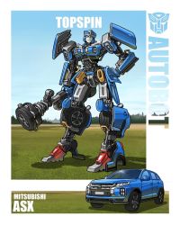 Rule 34 | 1girl, autobot, blue eyes, car, character name, club (weapon), genderswap, genderswap (mtf), hand on own hip, head tilt, highres, holding, holding weapon, kamitoge supino, looking at viewer, mecha, mitsubishi asx, mitsubishi motors, motor vehicle, no humans, procreate (medium), redesign, robot, science fiction, smirk, sports utility vehicle, topspin (transformers), transformers, weapon