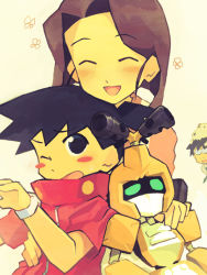 Rule 34 | 1girl, 2boys, abcrambon, animal, animal on head, apron, bad id, bad pixiv id, black hair, blush, blush stickers, brown hair, dog, family, father and son, flower, glasses, hand on shoulder, happy, medarot, metabee, mother and son, multiple boys, necktie, on head, one eye closed, open mouth, robot, salty (medarot), sweatdrop, tenryou chidori, tenryou ikki, tenryou jouzou, watch, wink, wristwatch