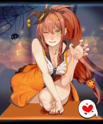 Rule 34 | 1girl, bare arms, bare shoulders, breasts, brown hair, bug, claw pose, cleavage, commentary, desk, doki doki literature club, english commentary, fangs, food-themed hair ornament, hair between eyes, hair ornament, hat, heart, large breasts, long hair, looking at viewer, mini hat, mini witch hat, monika (doki doki literature club), nail polish, odakojirou, one eye closed, ponytail, pumpkin hair ornament, purple nails, silk, sleeveless, smile, solo, spider, spider web, spoken heart, teeth, tilted headwear, witch hat