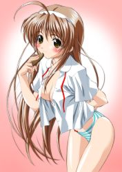 Rule 34 | 1girl, ahoge, blouse, blue panties, blush, bottomless, bow, bow panties, breasts, brown hair, candy, chocolate, chocolate heart, cleavage, covered erect nipples, dress shirt, food, green panties, hairband, heart, higuchi isami, leaning forward, long hair, no bra, no pants, non-web source, open clothes, open shirt, panties, ribbon, shirt, solo, standing, striped clothes, striped panties, underwear, undressing, valentine, very long hair, yellow eyes