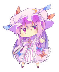 Rule 34 | 1girl, bad id, bad pixiv id, book, bow, chibi, crescent, crescent hair ornament, deformed, double bun, hair bow, hair ornament, hat, highres, jitome, long hair, patchouli knowledge, purple eyes, purple hair, solo, touhou, yatani row