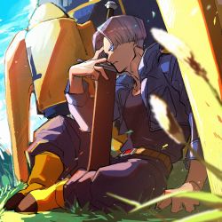 Rule 34 | 1boy, anklet, arm at side, arm support, baggy pants, belt, black pants, black shirt, blue eyes, blue sky, blurry, boots, butterfly sitting, collarbone, day, denim, denim jacket, depth of field, dragon ball, dragonball z, facing away, grass, hand on weapon, hand up, high collar, highres, jacket, jewelry, light particles, looking afar, male focus, on ground, outdoors, pants, parted lips, purple hair, sakaikurinea, serious, shade, shirt, sitting, sky, solo, straight hair, sunlight, sword, time machine, trunks (dragon ball), trunks (future) (dragon ball), weapon, wind, wind lift, yellow belt, yellow footwear