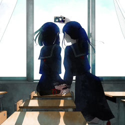 Rule 34 | 2girls, 7meill, black hair, black sailor collar, black serafuku, black shirt, black skirt, blue sky, cellphone, classroom, curtains, day, desk, from behind, hand up, high ponytail, holding, holding phone, indoors, long hair, medium hair, multiple girls, neckerchief, on desk, open window, original, phone, red neckerchief, sailor collar, school uniform, serafuku, shadow, shirt, shoes, sitting, on desk, skirt, sky, smartphone, socks, taking picture, uwabaki, white footwear, window