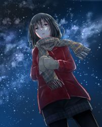 Rule 34 | 1girl, black hair, black pantyhose, coat, commentary request, cowboy shot, dutch angle, from below, grey eyes, hair between eyes, itomaki (5656pu), looking at viewer, looking down, milky way, mittens, night, night sky, original, outdoors, own hands together, pantyhose, parted lips, plaid, plaid scarf, red coat, scarf, short hair, shorts, sky, solo, star (sky), starry sky, winter clothes, winter coat