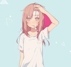 Rule 34 | 1girl, arm up, blue background, blush, brown hair, collarbone, commentary, digital thermometer, fever, hair between eyes, hand on own head, heart, heart-shaped pupils, long hair, looking at viewer, minamiya mia, mouth hold, original, pink eyes, shirt, simple background, solo, symbol-shaped pupils, t-shirt, tears, thermometer, towel, towel on head, triangle, upper body, white shirt
