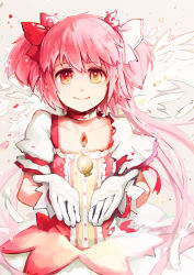 Rule 34 | 10s, 1girl, back-to-back, bow, brooch, choker, feathers, floating, floating object, gloves, hair bow, hair ribbon, henshin, jewelry, kaname madoka, kaname madoka (magical girl), long hair, looking at viewer, magical girl, mahou shoujo madoka magica, mahou shoujo madoka magica (anime), pink hair, red eyes, ribbon, short twintails, silverxp, smile, solo, soul gem, split theme, transformation, twintails, ultimate madoka, white gloves