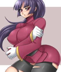 Rule 34 | 1girl, black hair, blush, breasts, creatures (company), female focus, game freak, gloves, gym leader, huge breasts, large breasts, long hair, nintendo, pantyhose, pokemon, purple eyes, red eyes, sabrina (pokemon), shy, solo, torn clothes, torn pantyhose, white gloves