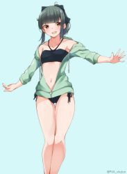 Rule 34 | 1girl, absurdres, bikini, black bikini, blue background, bow, breasts, brown eyes, collarbone, commentary request, cowboy shot, green jacket, grey hair, hair bow, halterneck, halterneck, highres, jacket, kantai collection, open clothes, open jacket, outstretched arms, ponytail, side-tie bikini bottom, simple background, small breasts, smile, solo, standing, swimsuit, uut, yuubari (kancolle)