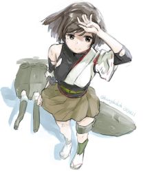Rule 34 | 1girl, :|, brown eyes, brown hair, brown skirt, closed mouth, commentary request, dated, hand on own head, hyuuga (kancolle), kangoku kou, kantai collection, looking away, nontraditional miko, one-hour drawing challenge, sandals, shadow, short hair, skirt, socks, solo, torn clothes, turret, twitter username, weapon, white background, wind, wind lift