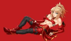 Rule 34 | 1futa, abs, bandeau, bare shoulders, black thighhighs, blonde hair, boots, braid, breasts, bulge, cleavage, commentary request, covered erect nipples, detached sleeves, erection, erection under clothes, fate/grand order, fate (series), fingernails, french braid, full body, futanari, futanari masturbation, green eyes, hair ornament, hair scrunchie, highres, knee up, long sleeves, looking at viewer, lying, masturbation, masturbation through clothes, midriff, mikoyan, mordred (fate), mordred (fate/apocrypha), muscular, muscular female, navel, parted lips, pelvic curtain, penis, ponytail, red background, red bandeau, red footwear, red scrunchie, red skirt, scrunchie, shadow, short hair, short ponytail, sidelocks, simple background, skirt, small breasts, solo, thighhighs, tsurime