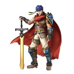 Rule 34 | 1boy, absurdres, blue eyes, blue hair, cape, fire emblem, full body, headband, highres, ike (fire emblem), looking at viewer, male focus, matching hair/eyes, nintendo, official art, ragnell, solo, super smash bros., sword, weapon