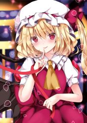 Rule 34 | 2girls, :p, ascot, bat wings, blonde hair, blurry, blurry background, blush, bokeh, breasts, commentary request, crystal, depth of field, finger to mouth, flandre scarlet, frilled shirt collar, frills, hair between eyes, hat, holding, holding ribbon, indoors, looking at viewer, mob cap, multiple girls, nanase nao, one side up, pink eyes, puffy short sleeves, puffy sleeves, red ribbon, red skirt, red vest, remilia scarlet, ribbon, shirt, short hair, short sleeves, skirt, skirt set, small breasts, solo focus, sparkle, tongue, tongue out, touhou, upper body, v-shaped eyebrows, vest, white headwear, white shirt, wings, yellow ascot